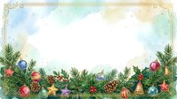 Watercolor tropical frame with palm leaves, colorful ornaments, and pinecones on white background, ideal for holiday greeting cards and festive designs.