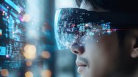 Young Asian man wearing futuristic smart glasses with digital interface projection, experiencing virtual reality in dark environment.