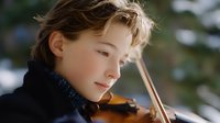 Young Caucasian boy with blonde hair playing violin outdoors in winter, eyes closed with serene expression, wearing black turtleneck sweater against snowy background.