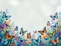 Colorful butterflies and wildflowers border frame on textured paper background for spring garden design projects and nature themed decorations.