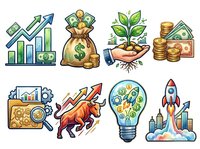 Financial growth chart with upward arrow and stacked coins, money bag with dollar sign, plant with roots and coins, business analytics with magnifying glass, bull market symbol, lightbulb with coins representing ideas, and rocket launching skyward with cityscape.