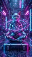 Futuristic cat meditating in cyberpunk neon environment with holographic circles and electric blue pink lighting effects for sci-fi digital art projects.