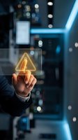 Businessman touching glowing warning triangle icon on transparent digital interface in modern office environment with bokeh lights background.