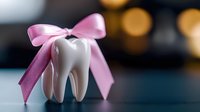 White molar tooth with pink silk bow against blurred bokeh background, dental care concept for pediatric dentistry and oral health promotion.