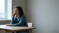 Thoughtful young woman with curly hair sitting at wooden desk by window in minimalist office space, contemplating future plans and career decisions.