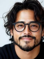 Close up portrait of young Asian man with wavy black hair wearing round glasses and black t-shirt, showing genuine smile against white background.