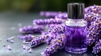 Fresh lavender sprigs surrounding purple essential oil bottle on dark background, aromatic spa and wellness composition for relaxation and aromatherapy.