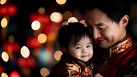 Asian father holding adorable baby in traditional red clothing with golden patterns celebrating Chinese New Year with warm bokeh lights background.