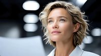 Professional blonde businesswoman with short wavy hair looking up thoughtfully in modern office environment with bright lighting and contemporary workspace.