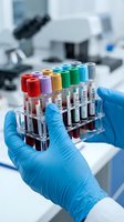 Laboratory technician in blue gloves holding test tubes with blood samples in rack. Medical research and diagnostic testing in modern clinical lab.