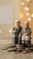 Elderly couple figurines sitting on pile of coins with warm bokeh lights background representing retirement savings and financial planning for seniors.