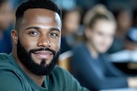 Young African American man with beard wearing green sweater smiling confidently in classroom or lecture hall setting, with blurred students in background.