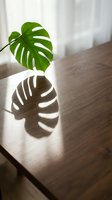 Fresh green monstera leaf casting dramatic shadow on wooden table surface with bright natural sunlight, ideal for home decor and interior design projects.