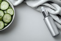 Fresh cucumber slices in white bowl next to silver cosmetic bottle and soft towel on gray background, spa and skincare composition with copy space.
