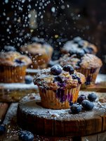Fresh blueberry muffins dusted with powdered sugar falling like snow, served on rustic wooden board. Dark moody background with fresh berries and dynamic action.