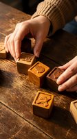 Woman hands arranging wooden blocks with carved nature symbols on rustic table for mindfulness meditation and wellness practice.