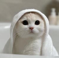 White cat wrapped in soft towel after bath, big green eyes and pink nose looking up with innocent expression, fluffy fur visible under white fabric.