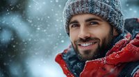Smiling bearded Caucasian man in winter attire with gray knit beanie and red jacket enjoying snowfall outdoors, close-up portrait with natural bokeh effect.