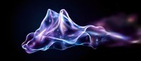 Ethereal purple and blue smoke waves creating abstract flowing shapes against black background, glowing with mystical luminescence and cosmic energy.