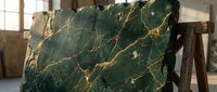 Luxurious green marble slab with golden veining displayed on wooden stand in bright workshop, perfect for interior design and architectural projects.