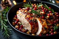 Juicy roasted turkey breast garnished with fresh cranberries and rosemary sprigs on dark plate, festive holiday meal with glazed meat and seasonal herbs.