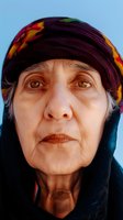 Senior woman with lined face wearing colorful patterned headwrap and dark clothing against blue background. Portrait of mature female with expressive gaze.