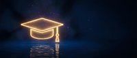 Glowing neon graduation cap symbol on dark blue background with water reflection, representing education, learning, and academic achievement for online courses.