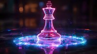 Glowing chess king piece in neon pink stands on mystical blue circular pattern, dramatic lighting creates magical atmosphere against dark background.