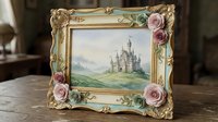 Ornate vintage picture frame with pink roses displaying fairytale castle painting on wooden table for home decor and interior design projects.