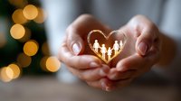 Female hands holding glowing heart shape with family silhouette inside against blurred Christmas lights background, representing love, care and family protection concept.