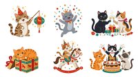 Cute cats celebrating holidays and special occasions with festive decorations, gifts, and party elements. Isolated clipart collection suitable for greeting cards, children's designs, and seasonal projects.
