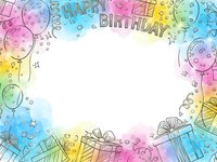 Colorful birthday celebration frame with balloons, gift boxes and party decorations on watercolor background. Copy space for text and design elements.