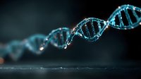 Digital DNA double helix structure with glowing blue particles on dark background for biotechnology and genetic research presentations.