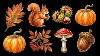 Autumn clipart set with pumpkins, squirrel, mushroom, acorn, chestnuts, oak leaf, and berries, isolated on transparent background, for T-shirts and print on demand.