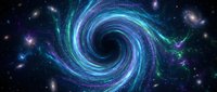 Cosmic spiral galaxy with swirling blue and purple nebula clouds against starry space background for astronomy and science fiction projects.