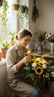 Florist woman arranging sunflowers and white roses in vase by window with hanging plants, creating fresh flower bouquet in bright studio workspace.