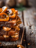 Gourmet chocolate pancakes topped with caramelized apricots and nuts on rustic wooden board for breakfast menu design and culinary marketing materials.