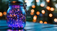 Glowing purple and blue lights captured inside mason jar on wooden surface with soft bokeh background creates magical evening atmosphere.
