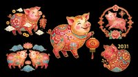 Festive Chinese zodiac pig set with floral patterns and lanterns, isolated on transparent background. Great for lunar new year clipart, stickers, t-shirt design, and print on demand.