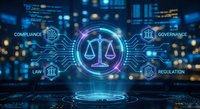 Digital justice scales hologram with compliance, governance, law and regulation icons floating above futuristic cityscape at night.
