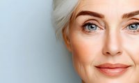 Close up portrait of mature woman with platinum blonde hair and blue eyes showing natural aging beauty against light blue background. Gentle smile and confident look.