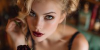 Stunning blonde woman with vintage pin-up style makeup applying red lipstick in retro setting. Classic beauty portrait for fashion and cosmetics advertising.