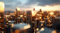 Blurred city skyline at sunset with glowing bokeh lights creating dreamy urban atmosphere. Modern buildings silhouettes reflect golden hour illumination.