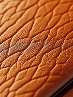 Close-up macro view of brown leather texture showing natural grain pattern and wrinkles with dramatic lighting creating depth and shadows.