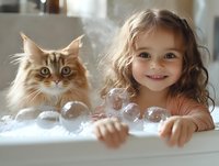 Young girl with curly blonde hair and a fluffy long-haired cat playing together in soapy bathwater, both looking at camera with joyful expressions and bubbles floating around them.