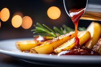 Gourmet roasted potatoes with rich gravy being poured from spoon, garnished with fresh herbs on elegant plate with warm bokeh lighting background.