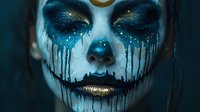 Dramatic face art makeup with dripping blue glitter tears, gold lips and moon symbol. Dark fantasy beauty portrait with cosmic elements and gothic style.