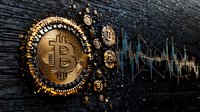 Golden bitcoin symbol emerging from dark textured surface with digital price chart pattern and floating crypto coins, dramatic cryptocurrency concept.
