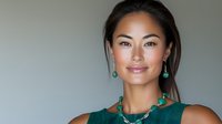 Young Asian woman wearing emerald green dress and turquoise jewelry smiling confidently against neutral background, professional portrait with soft lighting.