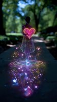 Magical silhouette of woman holding glowing pink heart with sparkles and light effects on forest path background, surrounded by floating hearts and luminous circles.